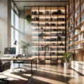 オシャレな棚のある事務室の背景画像データ│開放感のあるオフィス 事務所│生成ＡＩ CG│リモートワーク デスクトップ テレワーク 在宅勤務 オンライン勤務 モバイルワーク リモート飲み会│アスペクト比 16:9│データ フリー ダウンロード 無料 商用可能 Free download│digital-architex.com デジタルアーキテクス